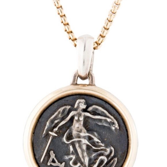 DAVID YURMAN 18K & STERLING SILVER ANGLE COIN AMULET PENDANT NECKLACE - Picture 2 of 13